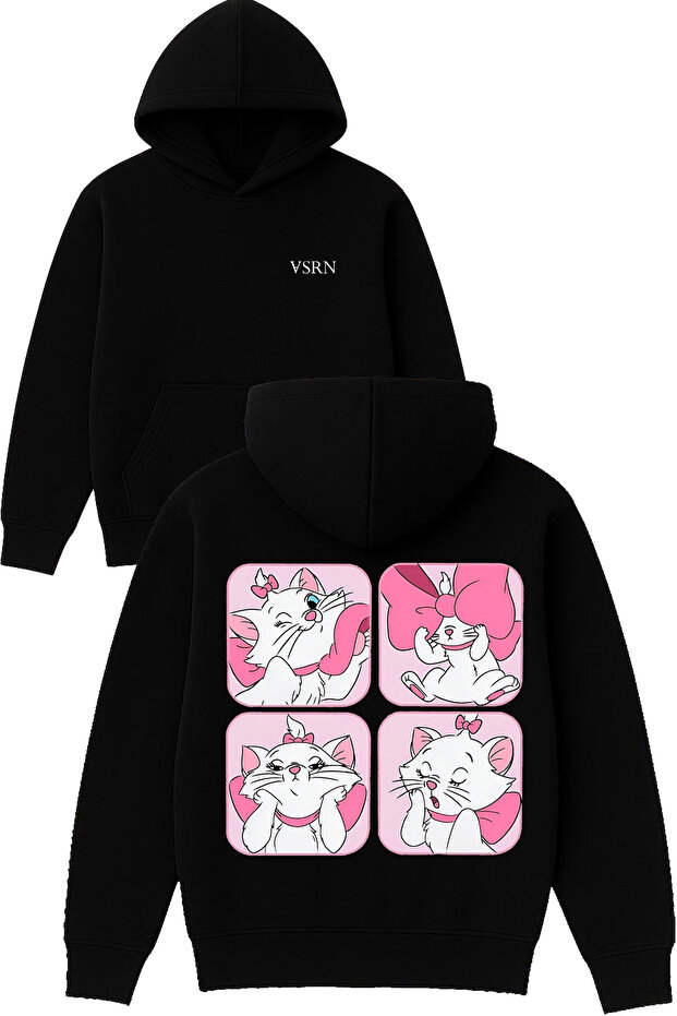 Sweet Lovely Cat Design Printed Oversized Black Hooded Sweatshirt