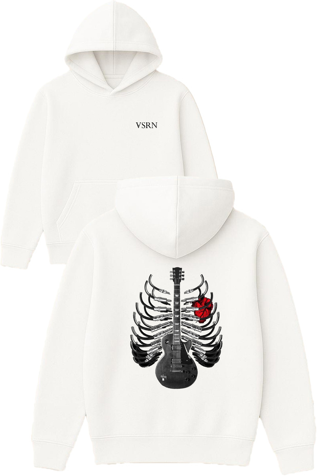 Guitar Sternum Design Printed Oversized White Hooded Sweatshirt