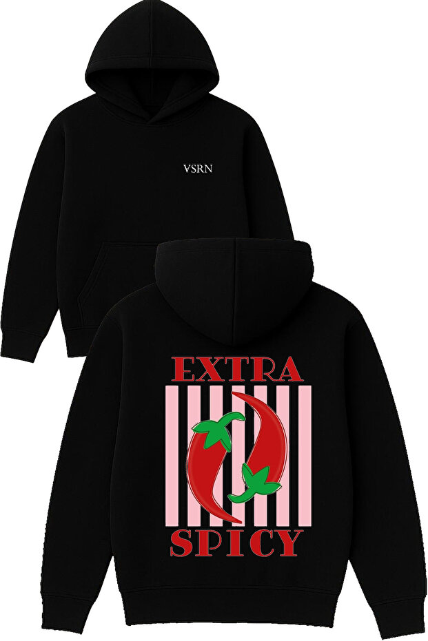 Extra Spicy Design Printed Oversized Black Hooded Sweatshirt