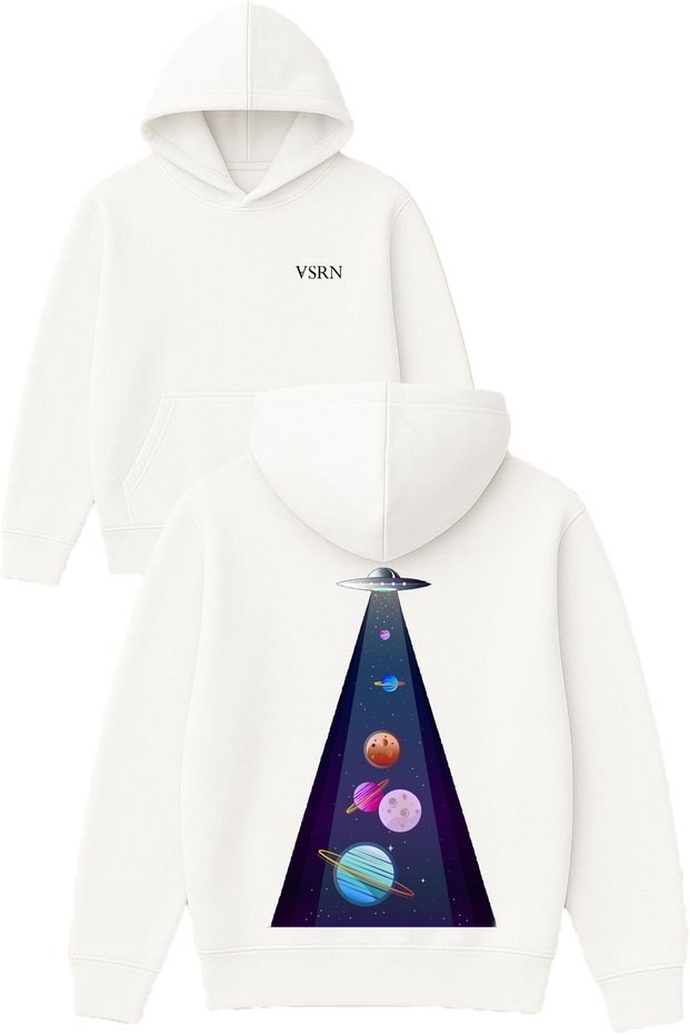 Ufo Shoots Planets Design Printed Oversized White Hooded Sweatshirt