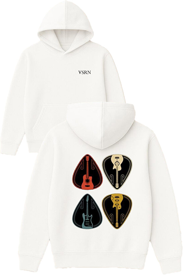 Guitar Pick Design Printed Oversized White Hooded Sweatshirt