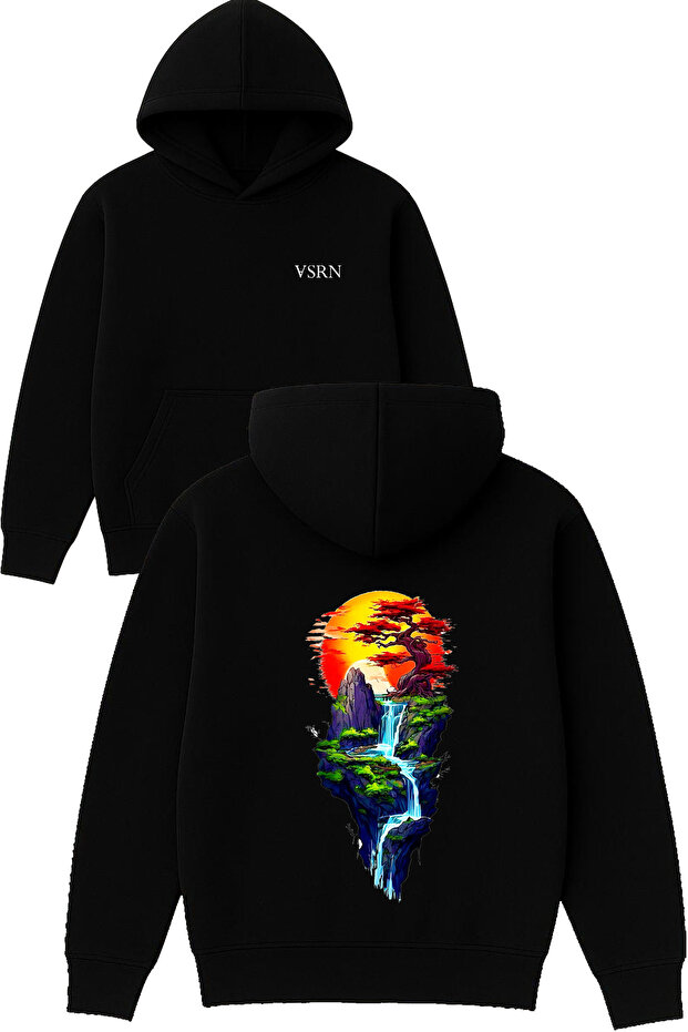 Sunset Brook Design Printed Oversized Black Hooded Sweatshirt