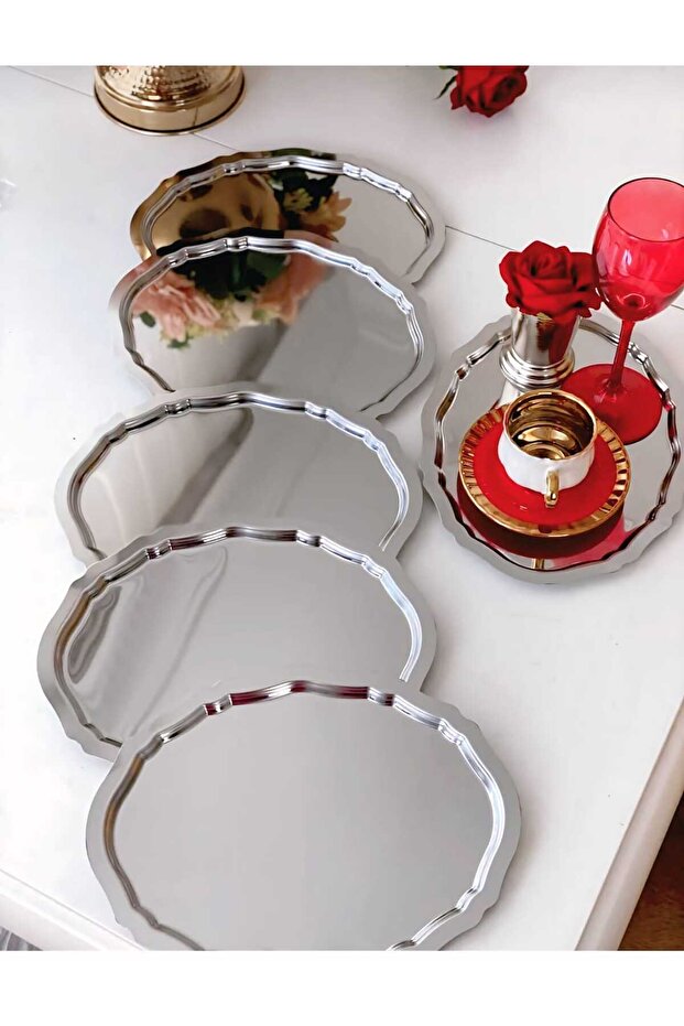 Luxury Oval Set of 6 Stainless Steel Trays for Engagement, Wedding, Presentation, Tea and Decorative Occasions