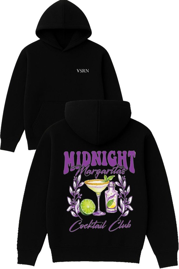 Midnight Margaritas Design Printed Oversized Black Hooded Sweatshirt
