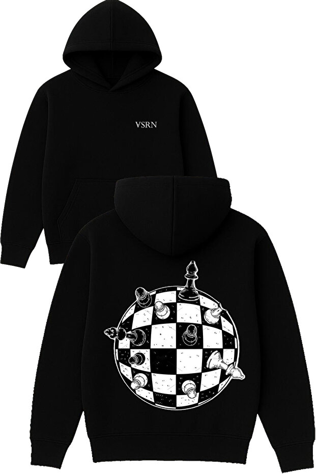 World Chess Design Printed Oversized Black Hooded Sweatshirt