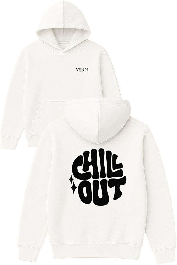 Chill Out Design Printed Oversized White Hooded Sweatshirt