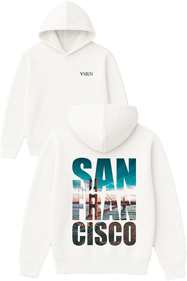 San Francisco Landscape Design Printed Oversized White Hooded Sweatshirt