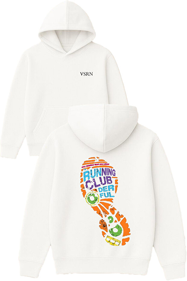 Running Club Design Printed Oversized White Hooded Sweatshirt