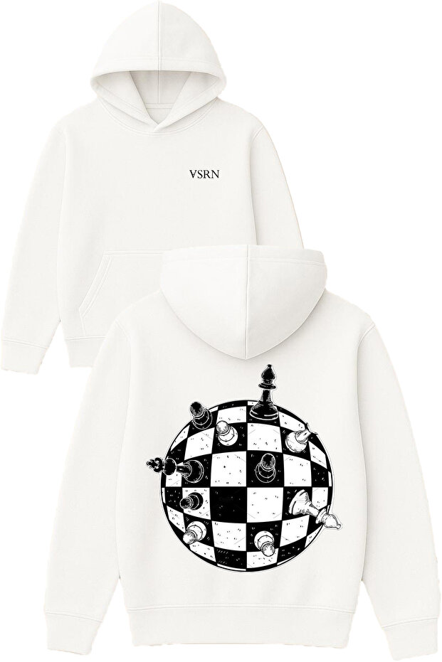 World Chess Design Printed Oversized White Hooded Sweatshirt
