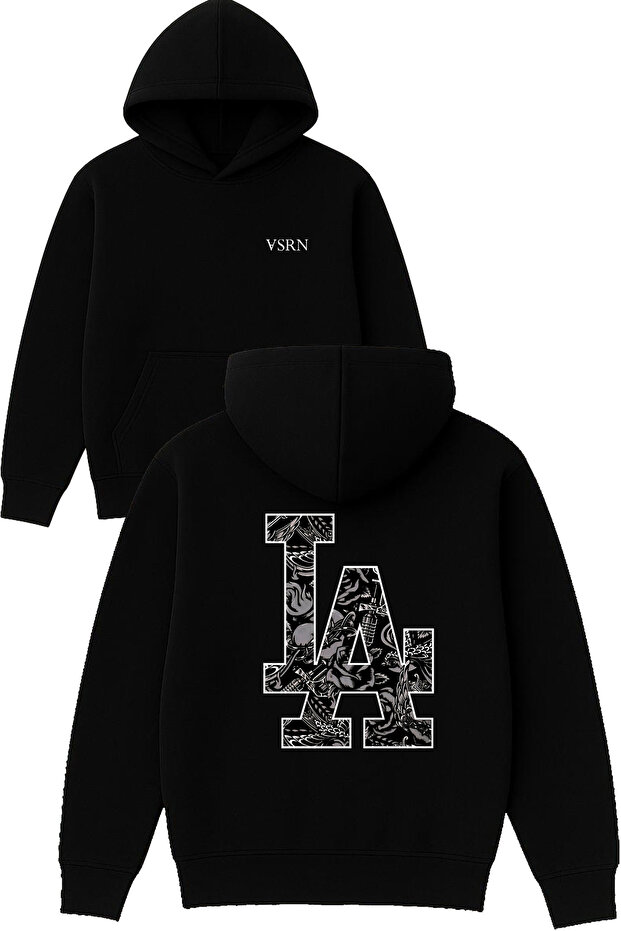 Los Angeles La Design Printed Oversized Black Hooded Sweatshirt