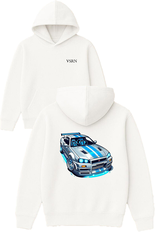 Fast Car Design Printed Oversized White Hooded Sweatshirt