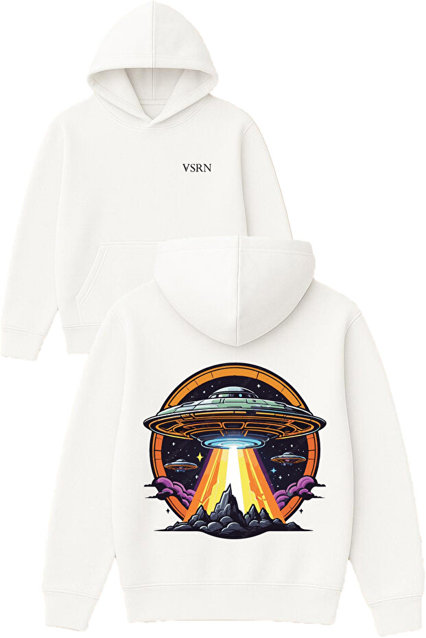 Beam Emitting Ufo Vehicle Design Printed Oversized White Hooded Sweatshirt