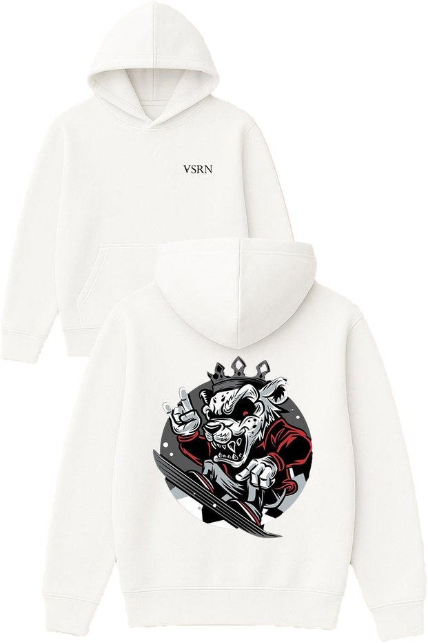 King Crowned Tiger Design Printed Oversized White Hooded Sweatshirt
