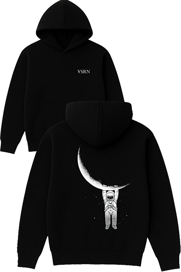 Astronaut with a Torch Design Printed Oversized Black Hooded Sweatshirt