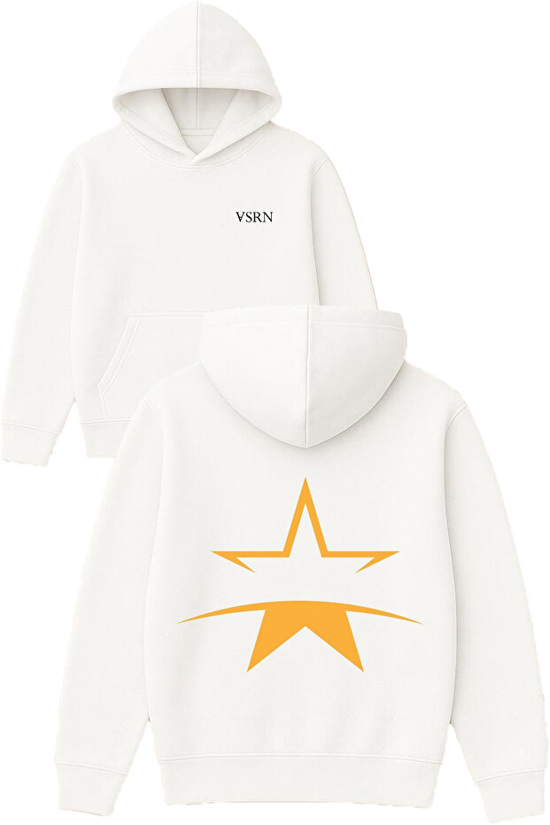 Gold Star Design Printed Oversized White Hooded Sweatshirt