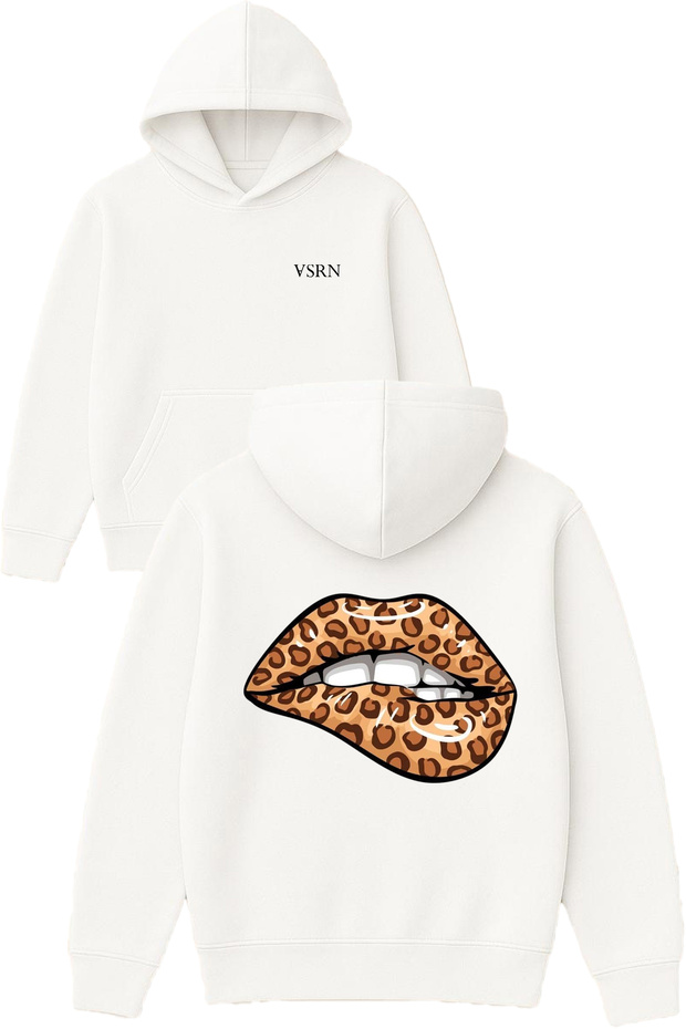 Leopard Lipstick Lips Design Printed Oversized White Hooded Sweatshirt