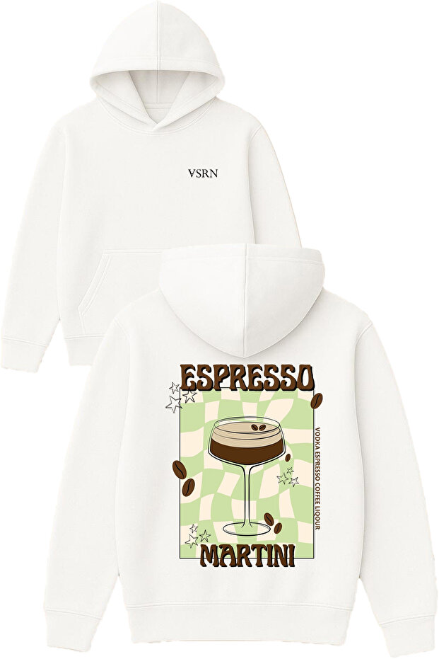Espesso Martini Design Printed Oversized White Hooded Sweatshirt