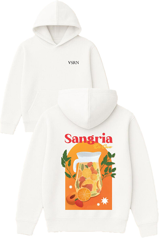 Sangria Design Printed Oversized White Hooded Sweatshirt