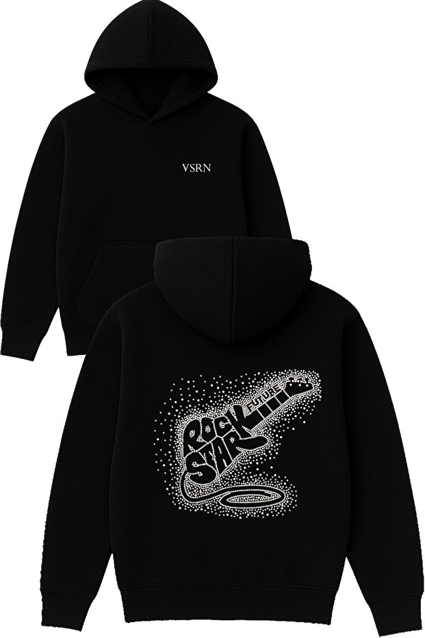 Rockstar Future Design Printed Oversized Black Hooded Sweatshirt