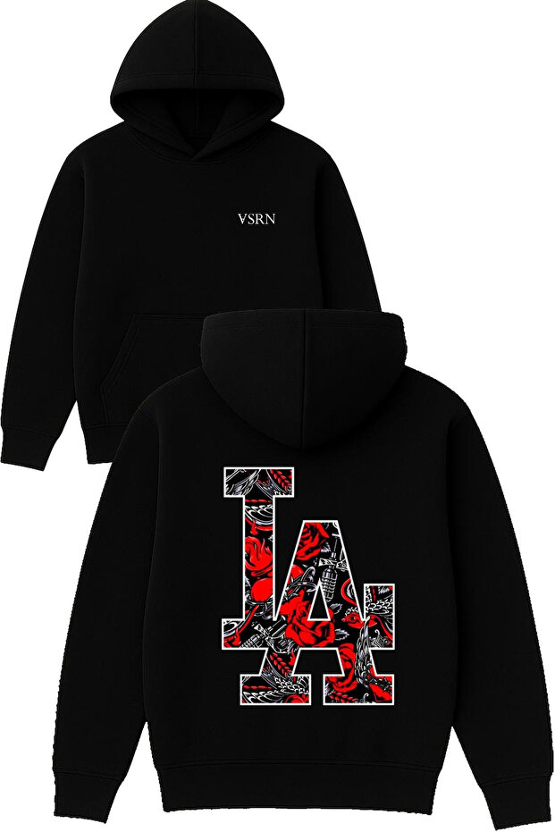 Red Detailed Los Angeles Design Printed Oversized Black Hooded Sweatshirt