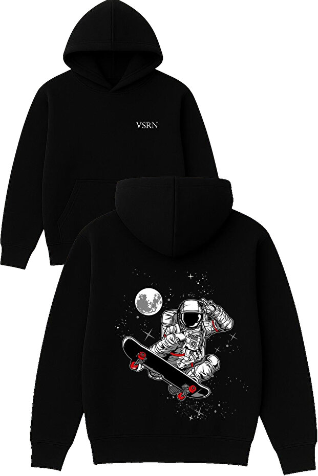 Skateboarder Astronaut Design Printed Oversized Black Hooded Sweatshirt