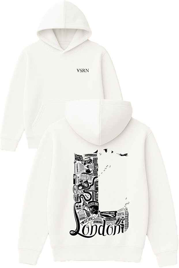 London L Design Printed Oversized White Hooded Sweatshirt