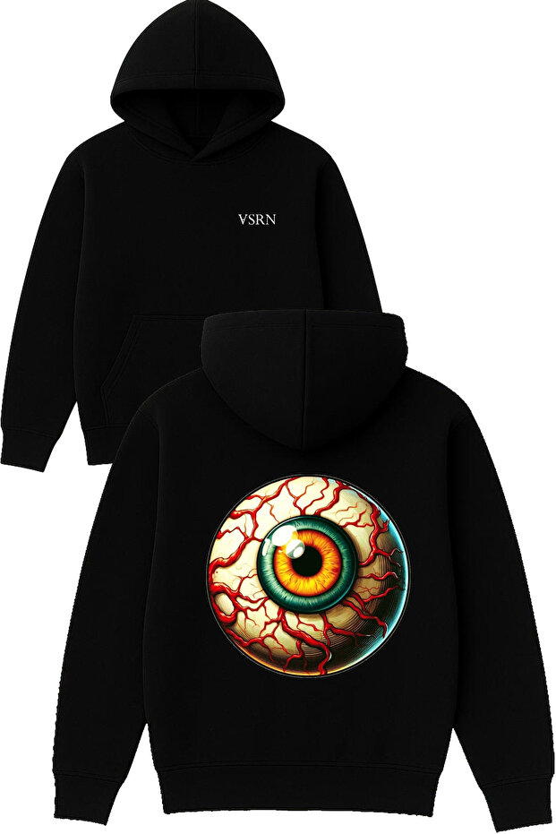 Veined Yellow Eye Design Printed Oversized Black Hooded Sweatshirt
