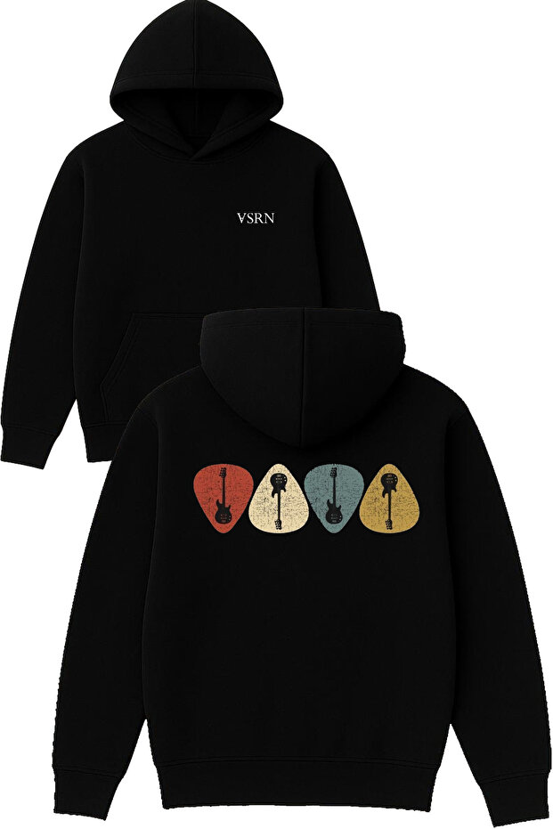 Guitar Instrument Plectrum Design Printed Oversized Black Hooded Sweatshirt