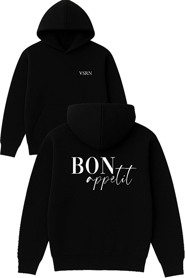 Bon Appetit Design Printed Oversized Black Hooded Sweatshirt