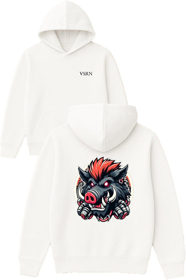 Gergin Pig Design Printed Oversized White Hooded Sweatshirt