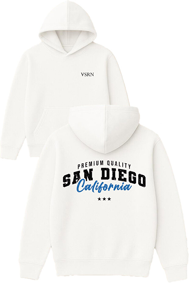 San Diego California Design Printed Oversized White Hooded Sweatshirt
