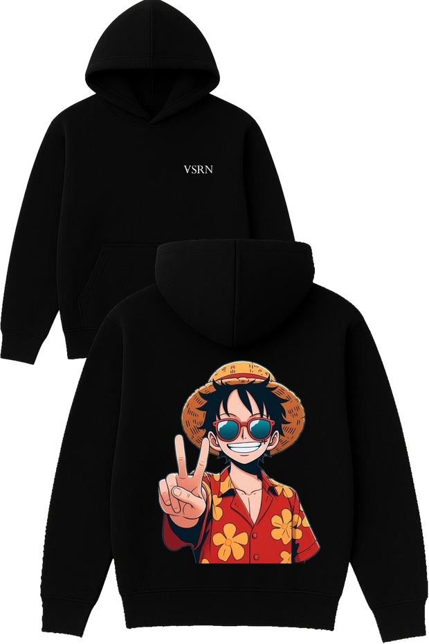 Anime with Hat and Glasses Design Printed Oversized Black Hooded Sweatshirt