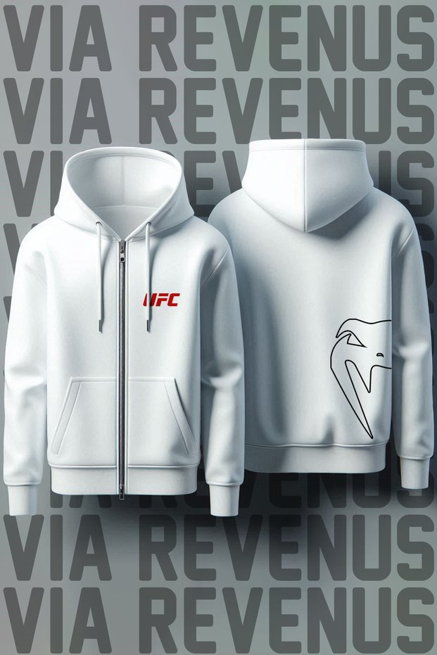 Ufc Front and Back Printed Unisex 3 Thread K Hooded Zippered Sweatshirt Cardigan