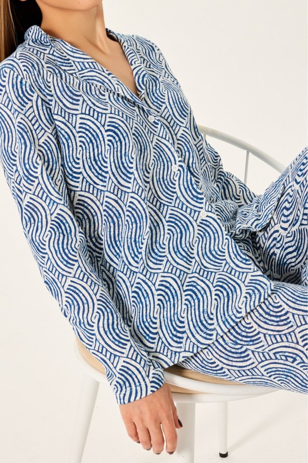 Women's Buttoned Shirt Collar Cotton Modal Patterned Pajama Set Thlv9R19Pc