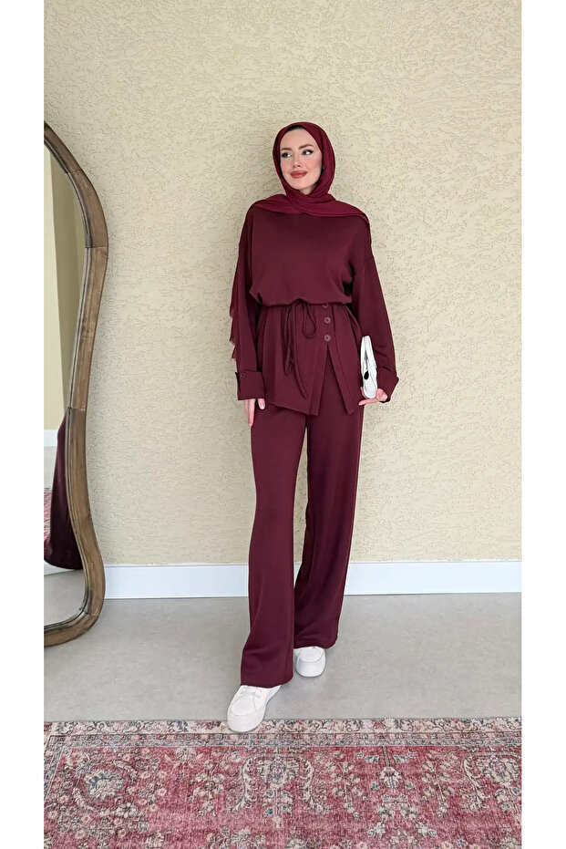 Women's Side Buttoned Belted Trouser Suit - Burgundy