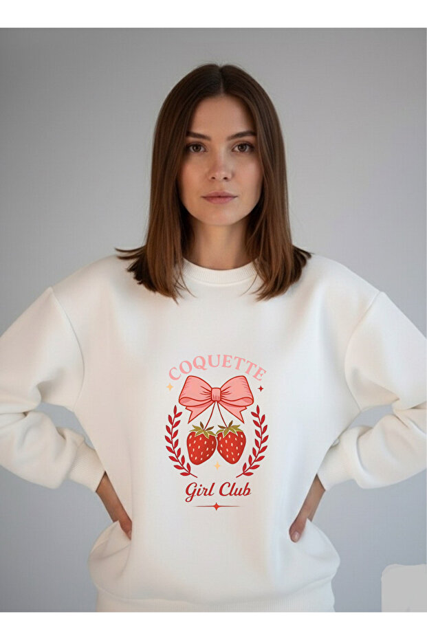 سويت شيرت أبيض للسيدات من Coquette Front Print قصة فضفاضة برقبة دائرية