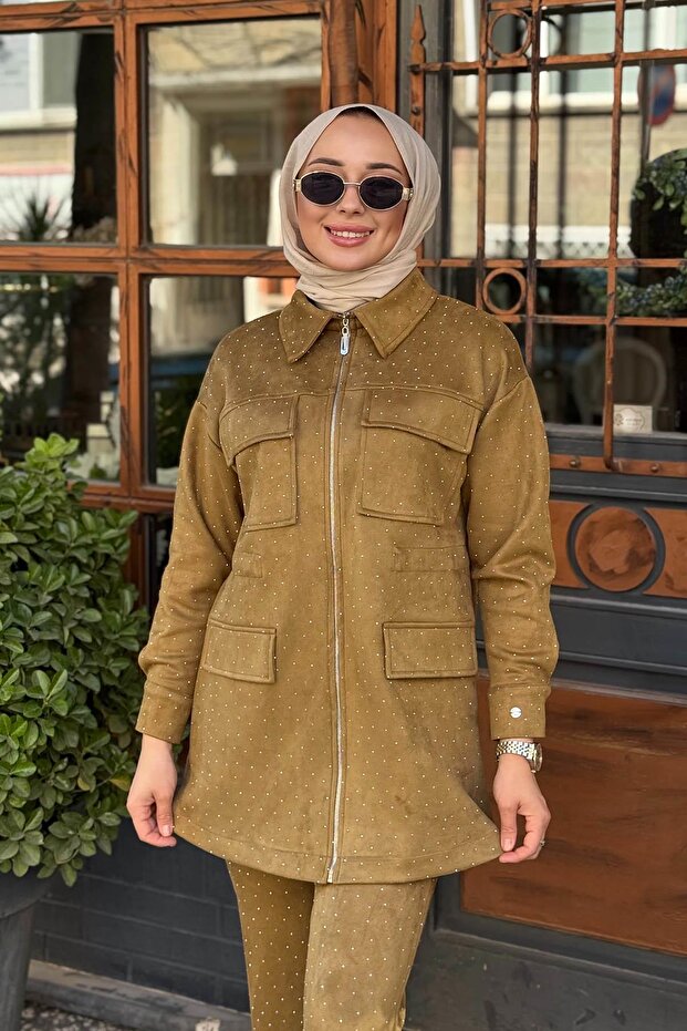 Taşlı Süet Pantolonlu Takım MA24.34 Oliv - 3