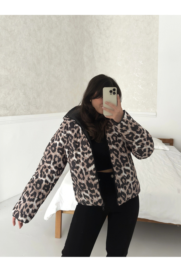 Kapşonlu Fermuarlı Cepli Şişme Mont Leopar - 3