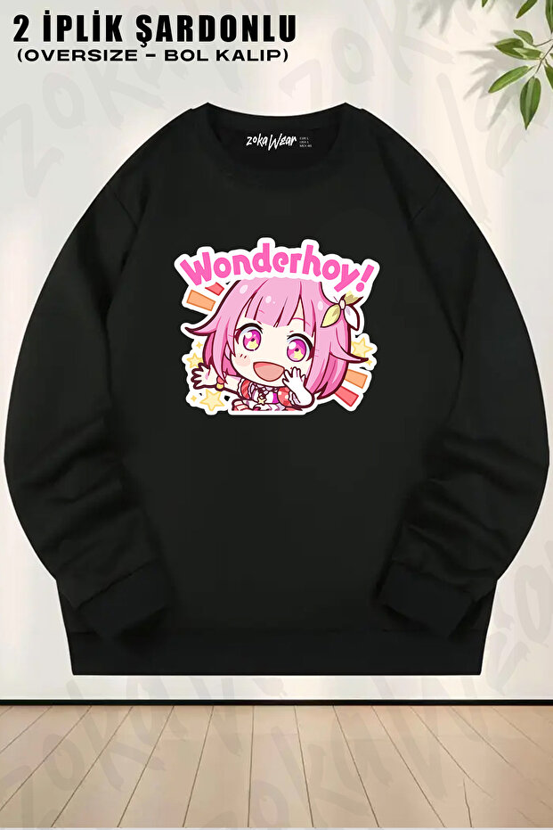 Unisex Project Sekai Anime, Emu Otori Wonderhoy Stamp Printed Oversized Crew Neck Sweatshirt