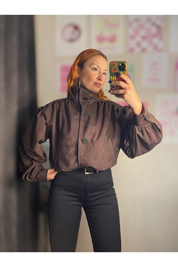 Suede Bitter Brown Shoulder Pad Piece Design Bomber Jacket