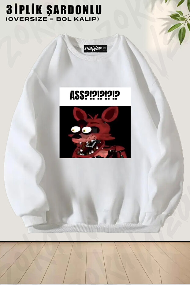 Unisex Loose Fit Fnaf Foxy Ass?!?!?!?!? Meme Printed Design Oversized Crew Neck Sweatshirt