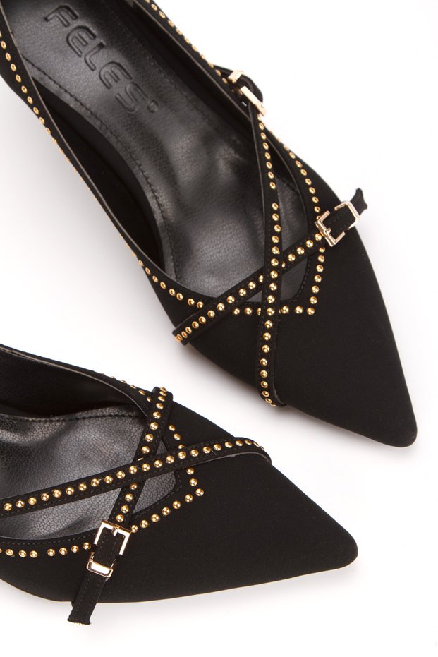 CLASSIC NUBUCK SHOES WITH SHORT HEEL AND STONE BELT DETAIL