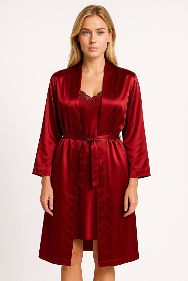 Premium Burgundy Satin Lace Nightgown Robe Set – Stylish Two-Piece Set