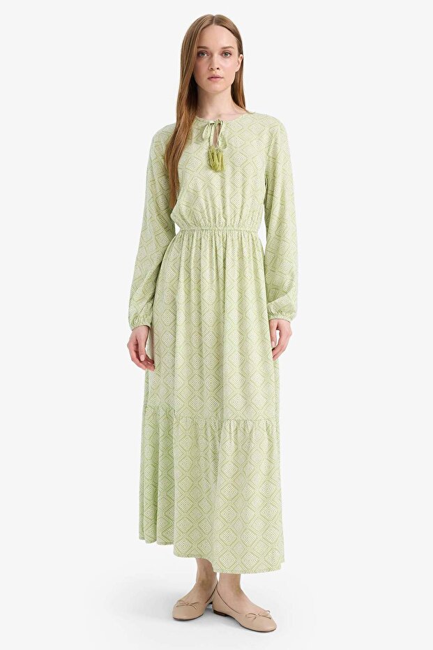 Bisiklet Yaka Desenli Viskon Uzun Kollu Maxi Elbise D9636AX25SM - 3