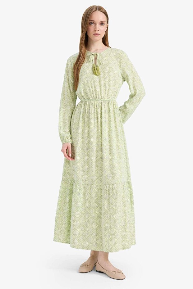 Bisiklet Yaka Desenli Viskon Uzun Kollu Maxi Elbise D9636AX25SM - 1