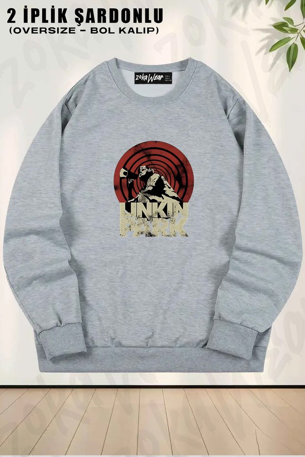 Unisex Bol Kalıp Linkin Park, Red Dart, Rock Metal Printed Design Oversized Crew Neck Sweatshirt