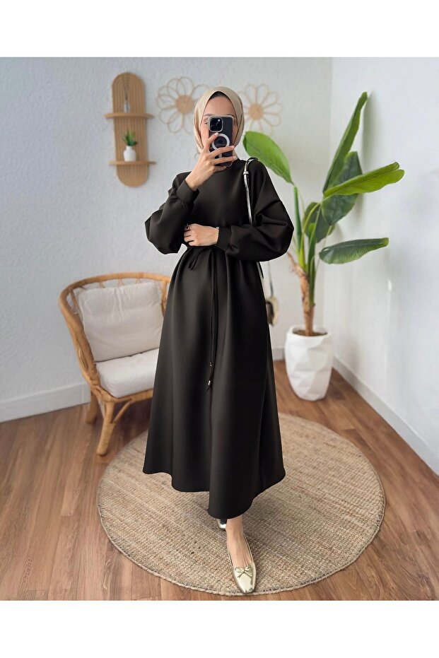 Scuba Kumaş Kuşaklı Basic Elbise - 2