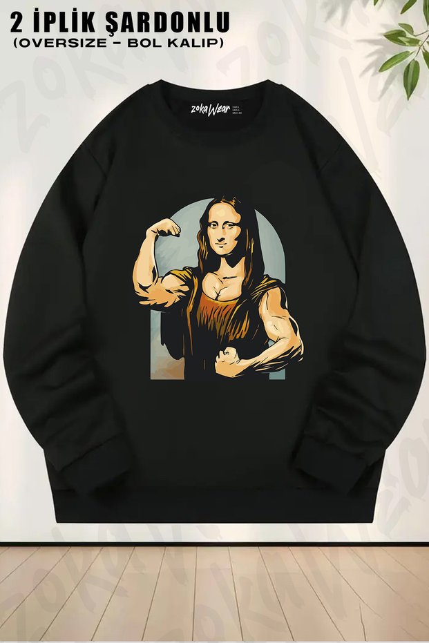 Unisex Loose Fit Mona Lisa Gym Sports Fitness Printed Design Oversized Crew Neck Sweatshirt