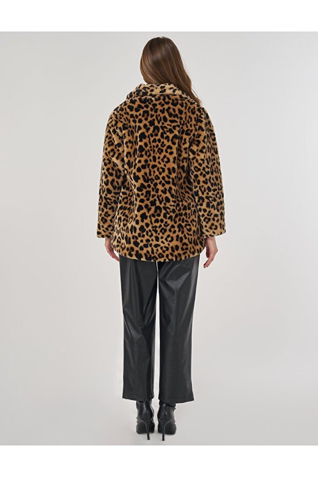 Leopard Pattern Plush Coat Beige - 5