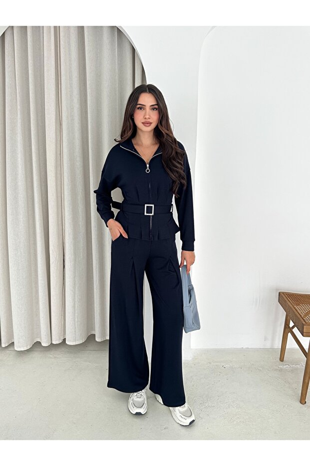Modal Fabric Belted Jacket and Baggy Bottom Tracksuit - Modal Tracksuit Set with Belt